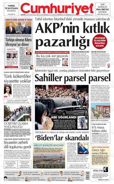 13 Temmuz 2022 Tarihli Cumhuriyet Gazete Manşetleri
