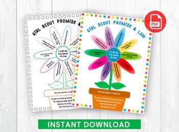 Girl Scout Daisy Petals Chart Promise Law Coloring Page Pdf Instant Download