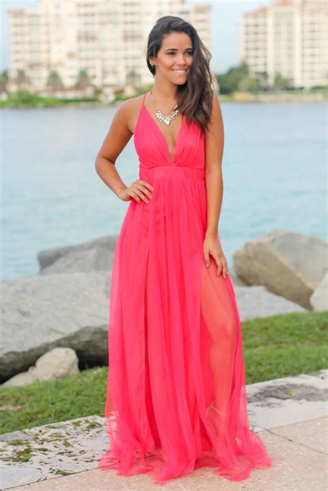 Watermelon V Neck Tulle Maxi Dress With Criss Cross Back Maxi Dresses