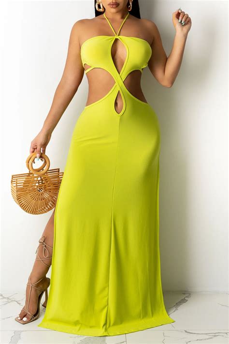 Fashion Yellow Sexy Solid Hollowed Out Backless Slit Halter Strapless Dress For Sale