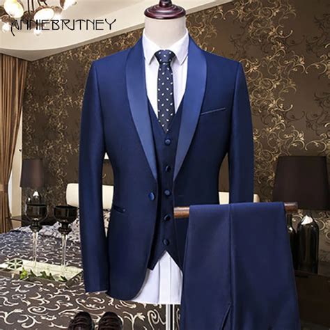2018 New Brand Blue Formal Men Suits Skinny Shiny Marriage Prom