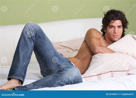 Man Lying In Bed Shirtless Stock Image Image Of Flirt