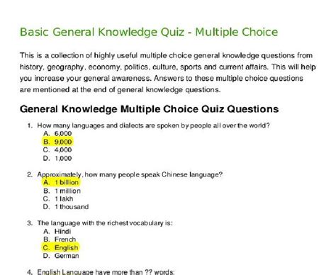 General Knowledge Quiz Questions And Answers In English Pdf Free
