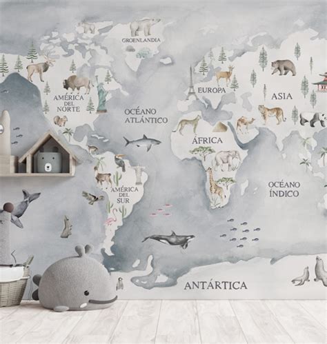 Papel Mural Mapa Mundi Ilustraciones De Animales Animalaria