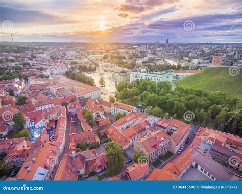 Vilnius Old Town With Beautiful Sunset And Cityscape Cathedral