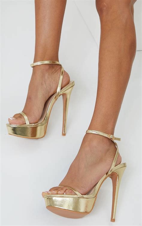 Gold Pu Platform Strappy High Heels Shoes Heels Gold Strap Heels