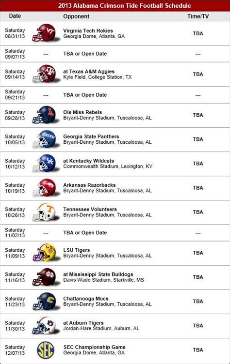 2013 Schedule Crimson Tide Football Alabama Football Schedule