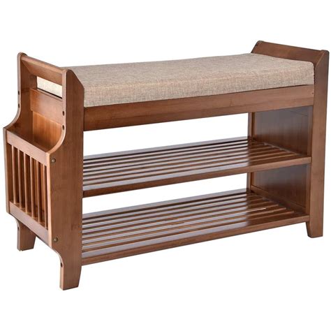 Elecwish Bamboo Shoe Rack Bench With Removable Cushion 2 Tier Entryway