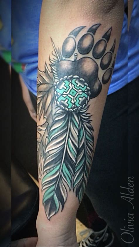 Native American Beadwork Inspired Forearm Tattoo With Maple And Oak