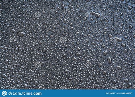 Drops Drips Blobs Beads Dribbles Of Water On The Black Teflon Surface Stock Image Image Of
