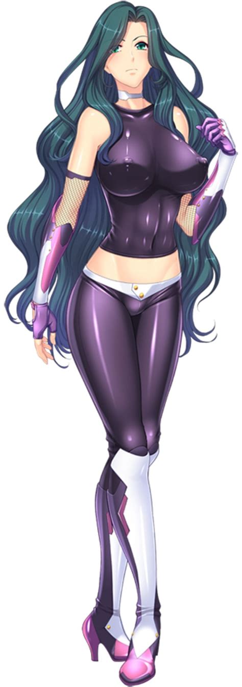 An Anime Character With Long Hair Wearing Purple And White Tights Holding Her Hands On Her Hips