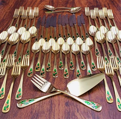 Holly Berry Gold Flatware Set Service For 12 Vintage Flatware In
