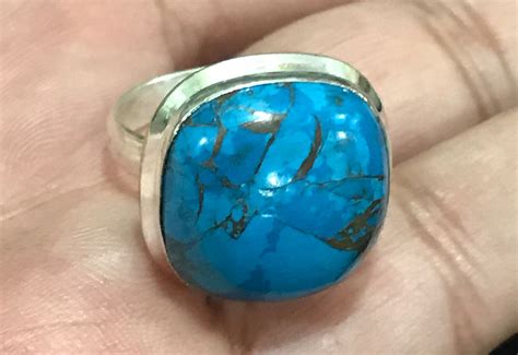 Blue Copper Turquoise Gemstone Sterling Silver Ring Etsy