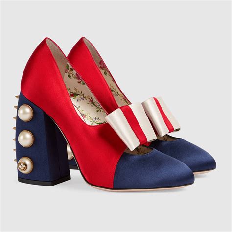 Gucci Satin Studded Pump 1150 Red White And Blue Studded Shoes