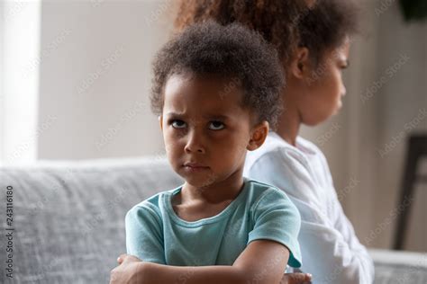 Angry African American Little Boy Offended Not Talking Ignoring Black