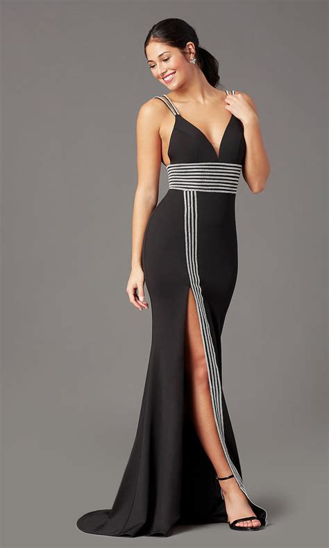 Rhinestone Trimmed Black Long Prom Dress Promgirl