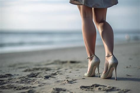 Premium AI Image A Woman Stands On The Beach Wearing High Heels