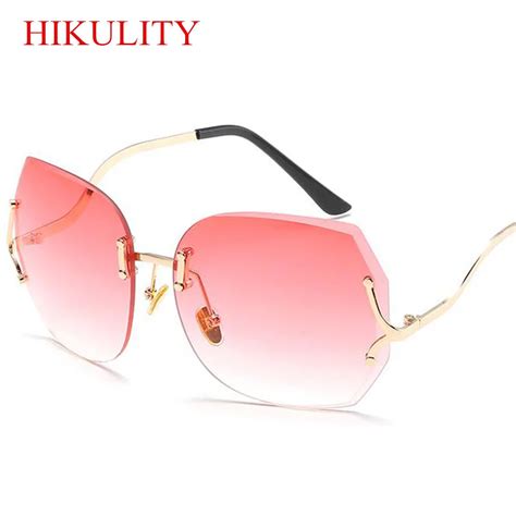 rimless cutting clear sunglasses women brand diamond gradient pink shades ladies sunglasses