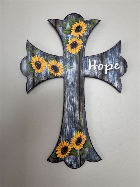 Hand Painted Hope Christian Cross Sunflowers With The Word Etsy