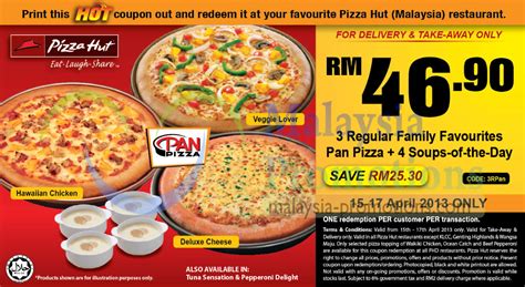 For parties or family meals, you can order some it's easy to find any coupon for pizza hut malaysia promotion by searching it on the internet through popular coupon sites such as pizzahut.com.my. Pizza Hut Coupon RM46.90 For 3 Family Favourites & 4 Soup ...