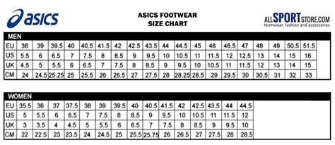 Asics Size Chart Womens