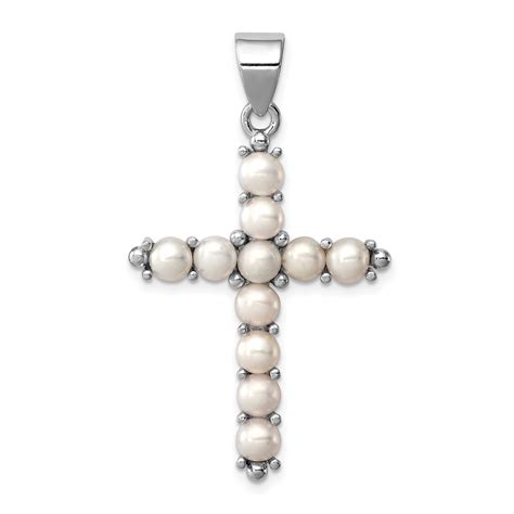 Sterling Silver Rhodium Platedfw Cultured Pearl Cross Pendant Qc5297