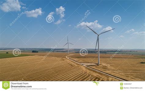 Wind Turbine Farm Over The Blue Sky Stock Image Image Of Meadow