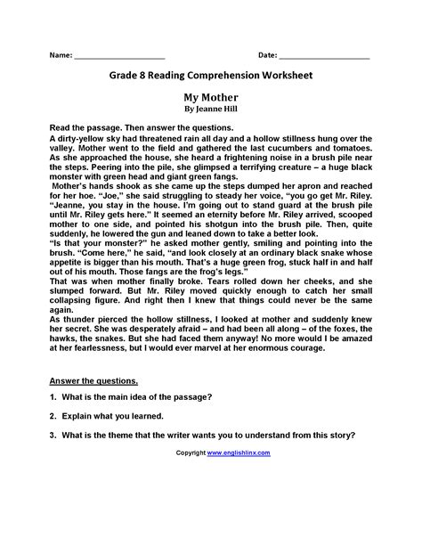 Reading Comprehension Worksheets Pdf With Answers Grade 8 Worksheets