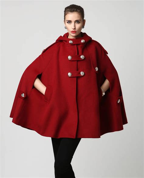 Red Wool Cape Cape Coat Hooded Cape Coat Wool Cape Womens Etsy
