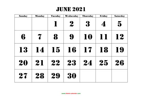 Blank Calendar For June 2021 Calendar Page