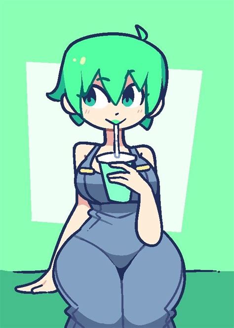 A Drawing Of A Girl With Green Hair And Blue Pants Holding A Drink In Her Hand