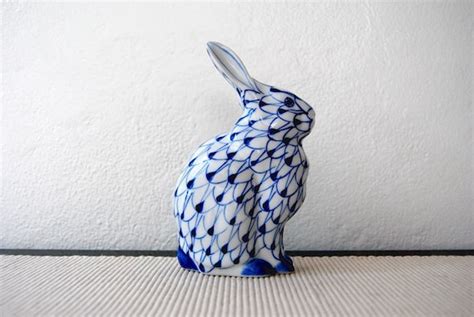 Vintage Ceramic Handpainted Blue White Rabbit By Tearinguphouses