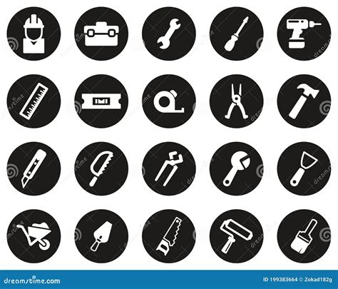 Handyman Tools And Equipment Icons White On Black Flat Design Circle Set