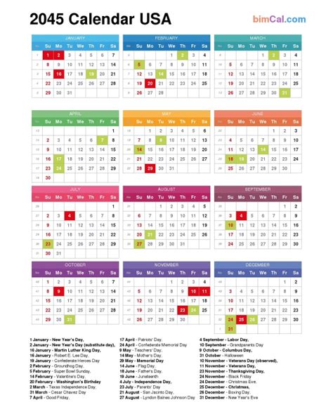 2045 Calendar Usa Bimcal