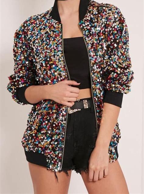 Women Glitter Jacket Long Sleeve Coat Colorful Sequins Short Slim
