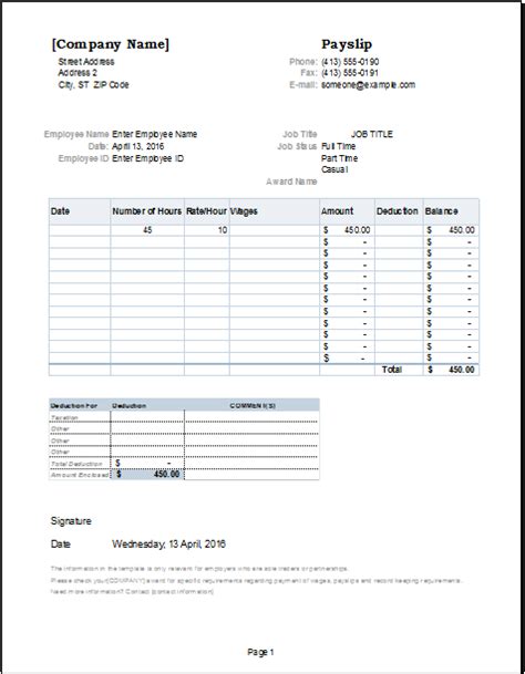 employee payslip template  ms excel excel templates