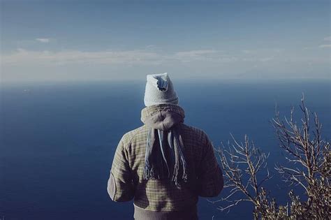 Man Standing Watching Ocean Viewpoint Sea Person Calm Quiet