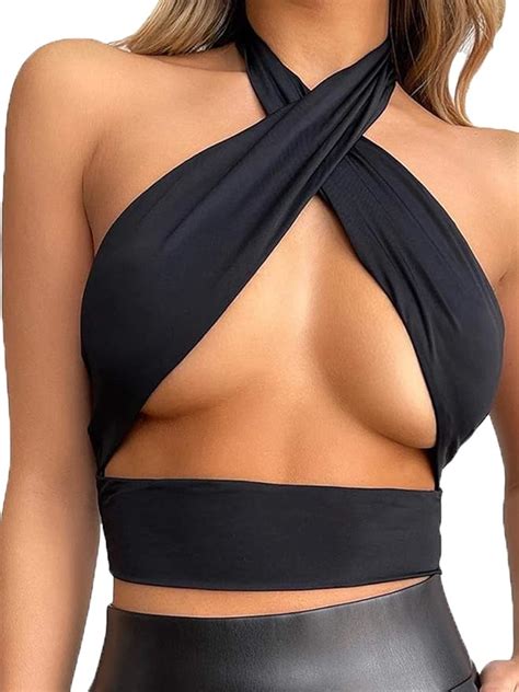 women s sexy criss cross halter tie back crop top vest for summer amazon fr vêtements et