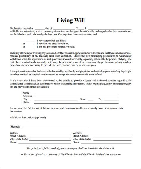 Living Will Template 7 Free Samples Examples And Format