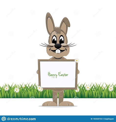 Brown Bunny Hold Happy Easter Sign Board Daisy Lawn Stock Vector
