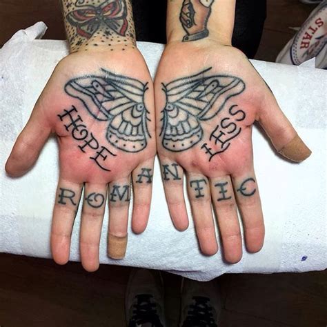 Therefore, a leaf tattoo that gently wraps. "Hopeless romantic" inside hand/palms/fingers tattoo with ...