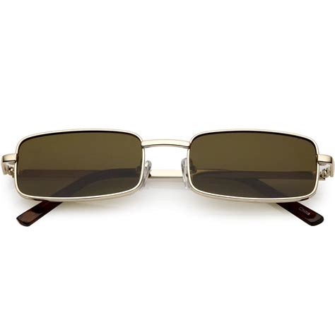 Classic Small Metal Rectangle Sunglasses Neutral Colored Flat Lens 54mm Gold Brown