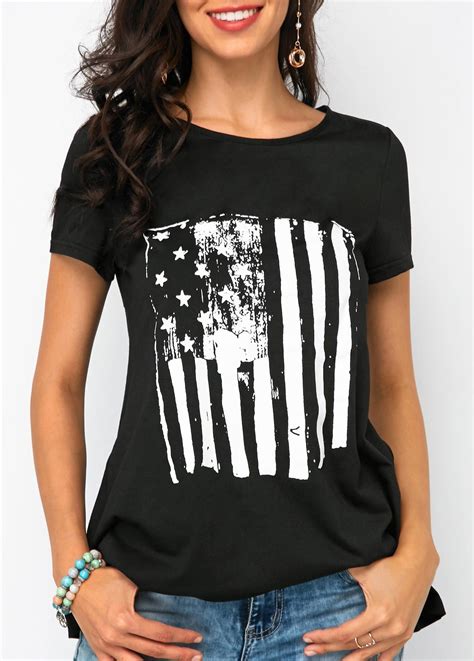 American Flag Print Drawstring Back Black T Shirt Usd