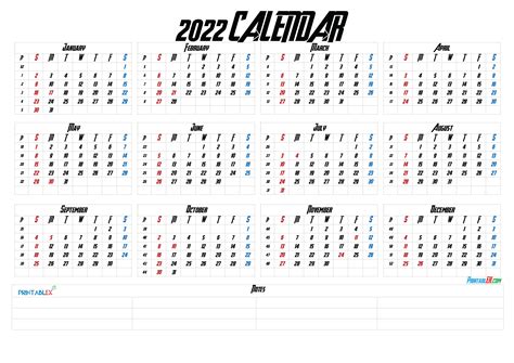 Printable 2022 Yearly Calendar 22ytw118