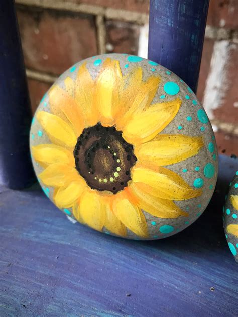 Painted Rock Sunflower Hand Painted Stone Sunflower Art Etsy