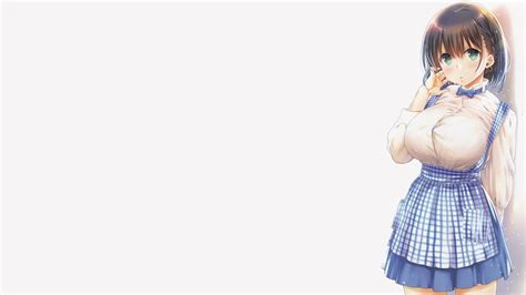 Wallpaper Anime Girls Big Boobs White Background Blue Dress Green Eyes Getsuyoubi No