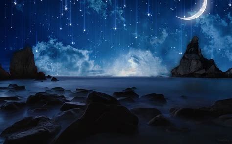 Stars Moon Night Rocks Stones Ocean Hd Wallpaper Nature And Landscape