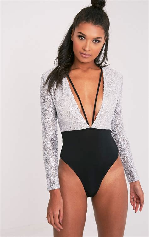 Kensy Silver Sequin Plunge Harness Thong Bodysuit Tops Prettylittlething