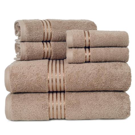 6 Piece Taupe Solid 100 Cotton Bath Towel Set With Satin Stripes