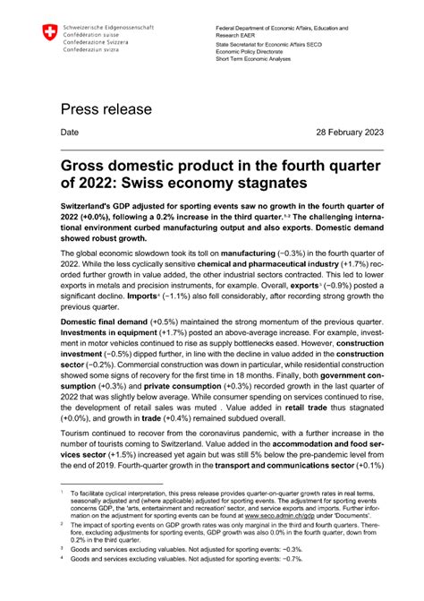 Gross Domestic Product In The Fourth Quarter Of 2022 Swiss Economy